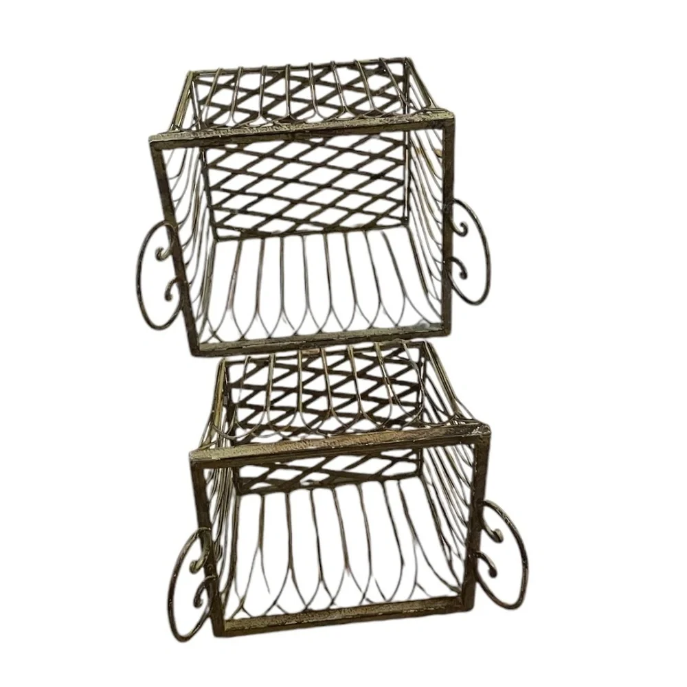 Vintage Wrought Iron Square‎ Ornate Handles Basket Sage Green, Set Of 2